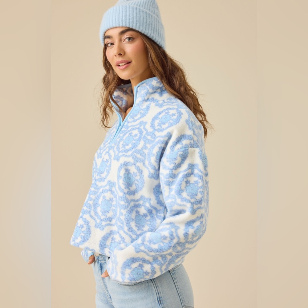 Altar’d State Zuri Floral Fleece Quarter Zip Jacket Blue White XL